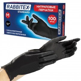 Перчатки нитриловые универсальные 50 пар (100 шт.), размер M (средний), черные, RABBITEX (РАББИТЕКС) Standard, 702156