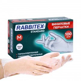 Перчатки виниловые универсальные 50 пар (100 шт), размер M (средний), белые, RABBITEX (РАББИТЕКС) Standard, 702164