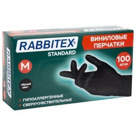 Перчатки виниловые универсальные 50 пар (100 шт), размер M (средний), черные, RABBITEX (РАББИТЕКС) Standard, 702168