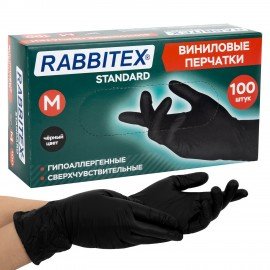 Перчатки виниловые универсальные 50 пар (100 шт), размер M (средний), черные, RABBITEX (РАББИТЕКС) Standard, 702168