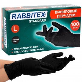 Перчатки виниловые универсальные 50 пар (100 шт), размер L (большой), черные, RABBITEX (РАББИТЕКС) Standard, 702169
