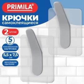Крючки самоклеящиеся бесследное удаление 7,5х5,5см, КОМПЛЕКТ 2шт, пластик, белые, PRIMILA (ПРИМИЛА), 702372