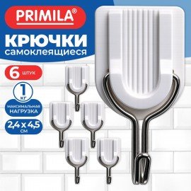 Крючки самоклеящиеся КОМПЛЕКТ 6шт 2,4х4,5см пластик+металл полуовальные белые PRIMILA (ПРИМИЛА), 702376