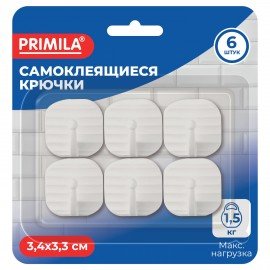 Крючки самоклеящиеся КОМПЛЕКТ 6шт 3,4х3,3см пластиковые квадратные белые PRIMILA (ПРИМИЛА), 702382