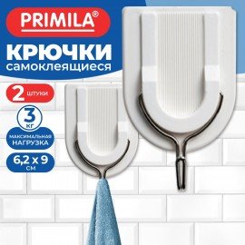 Крючки самоклеящиеся 6,2х9см, КОМПЛЕКТ 2шт, пластик+металл, полуовал, белые, PRIMILA (ПРИМИЛА), 702384