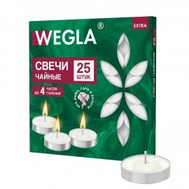 Свечи чайные литые в гильзе WEGLA EXTRA, до 4 часов горения, вес 10 грамм, КОМПЛЕКТ 25 штук, 702570