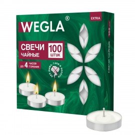 Свечи чайные литые в гильзе WEGLA EXTRA, до 4 часов горения, вес 10 грамм, КОМПЛЕКТ 100 штук, 702572