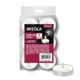 Свечи чайные литые в гильзе WEGLA PREMIUM, до 5 часов горения, вес 12 грамм, КОМПЛЕКТ 6 штук, 702573