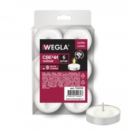 Свечи чайные литые в гильзе WEGLA ULTRA LONG, до 9 часов горения, вес 21 грамм, КОМПЛЕКТ 6 штук, 702576