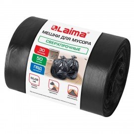 Мешки для мусора 30л черные в рулоне 50 штук сверхпрочные, ПВД 30 мкм, 50x58см, LAIMA, 702650