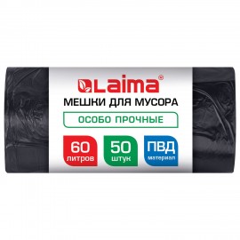 Мешки для мусора 60л черные в рулоне 50 штук особо прочные, ПВД 30 мкм, 60x90см, LAIMA, 702656