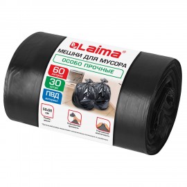 Мешки для мусора 60л черные в рулоне 30 штук особо прочные, ПВД 30 мкм, 58x68см, LAIMA, 702658