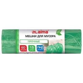Мешки для мусора зеленые биоразлаг. с завязками 60л в рулоне 15шт прочные, ПНД 18мкм, 60x70см, LAIMA, 702660