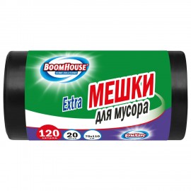 Мешки для мусора 120л черные в рулоне 20 штук прочные, ПВД 35 мкм, 70x110см, серия Extra, BOOMHOUSE, 702662