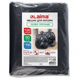 Мешки для мусора 120л черные в пласте 50 штук особо прочные, ПВД 40 мкм, 70x110см, LAIMA, 702671