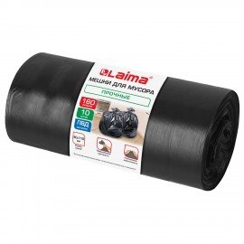 Мешки для мусора 160л черные в рулоне 10 штук прочные, ПВД 45 мкм, 90x110см, LAIMA, 702674