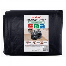 Мешки для мусора 240л черные в пласте 50 штук сверхпрочные, ПВД 80 мкм, 90x120см, LAIMA, 702682