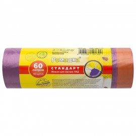 Мешки для мусора с завязками 60л фиолетовые в рулоне 10шт, ПВД 25 мкм, 60х68 см, РОМАШКА, ЗВС6010Ф