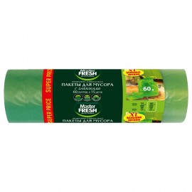 Мешки для мусора 60л с завязками, 70х60 см, XL, зеленые, 14 мкм, 15шт, Master FRESH,