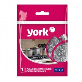 Губка (мочалка) металлическая, спиральная, 40г, МЕГА, для посуды, гриля, плиты, YORK,, 2030