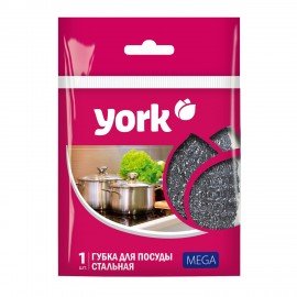 Губка (мочалка) металлическая, 40г, МЕГА, для посуды, гриля, плиты, YORK, 003030