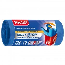 Мешки для мусора 120л с ушками, синие, в рулоне 15шт, ПВД 24мкм 70х110см, PACLAN "Multitop", шк4908, 402045