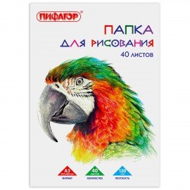 Бумага для рисования ДЭК А3, в папке 40 листов, 120 г/м2, индивидуальная упаковка, ПИФАГОР "Попугай", 880267