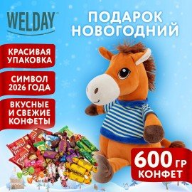 Подарок новогодний СМЕЛЬЧАК РОБЕРТ "Мягкая игрушка-символ 2026 года", НАБОР конфет 600г,WELDAY