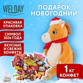 Подарок новогодний СНЕЖИНКА "Мягкая игрушка-символ 2026 года", НАБОР конфет 1000г,WELDAY