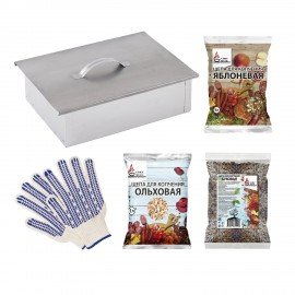 КОМПЛЕКТ для копчения, ВЫГОДНАЯ УПАКОВКА, коптильня одноярусная + щепа 3шт + перчатки, 881197