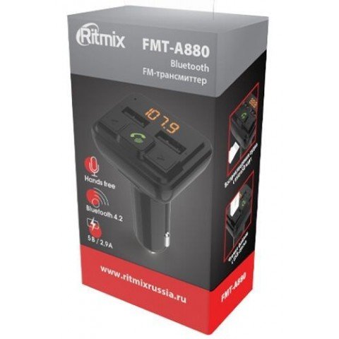 Автомобильный FM-модулятор Ritmix FMT-A880 черный MicroSD BT USB (80001662)