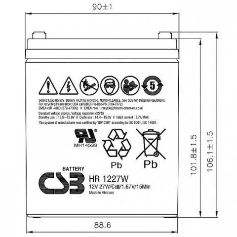 Батарея для ИБП CSB HR1227W 12В 7.5Ач