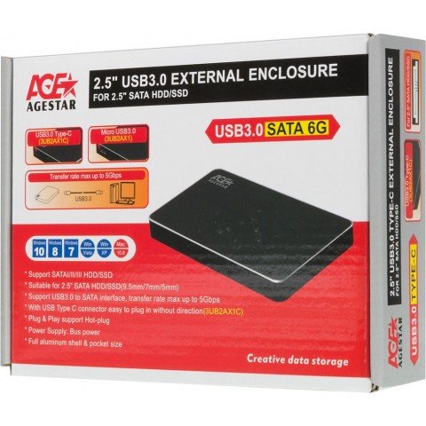 Внешний корпус для HDD/SSD AgeStar 3UB2AX1 SATA I/II/III USB3.0 алюминий черный 2.5"