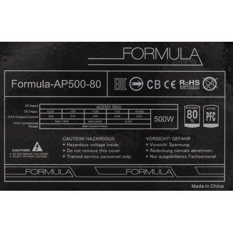 Блок питания Formula ATX 500W Formula-AP500-80 80 PLUS WHITE 24pin APFC 120mm fan 7xSATA RTL