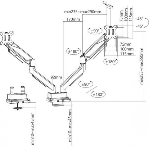 Кронштейн для мониторов Ultramounts UM718 серый 17"-35" макс.15кг крепление к столешнице поворот и наклон